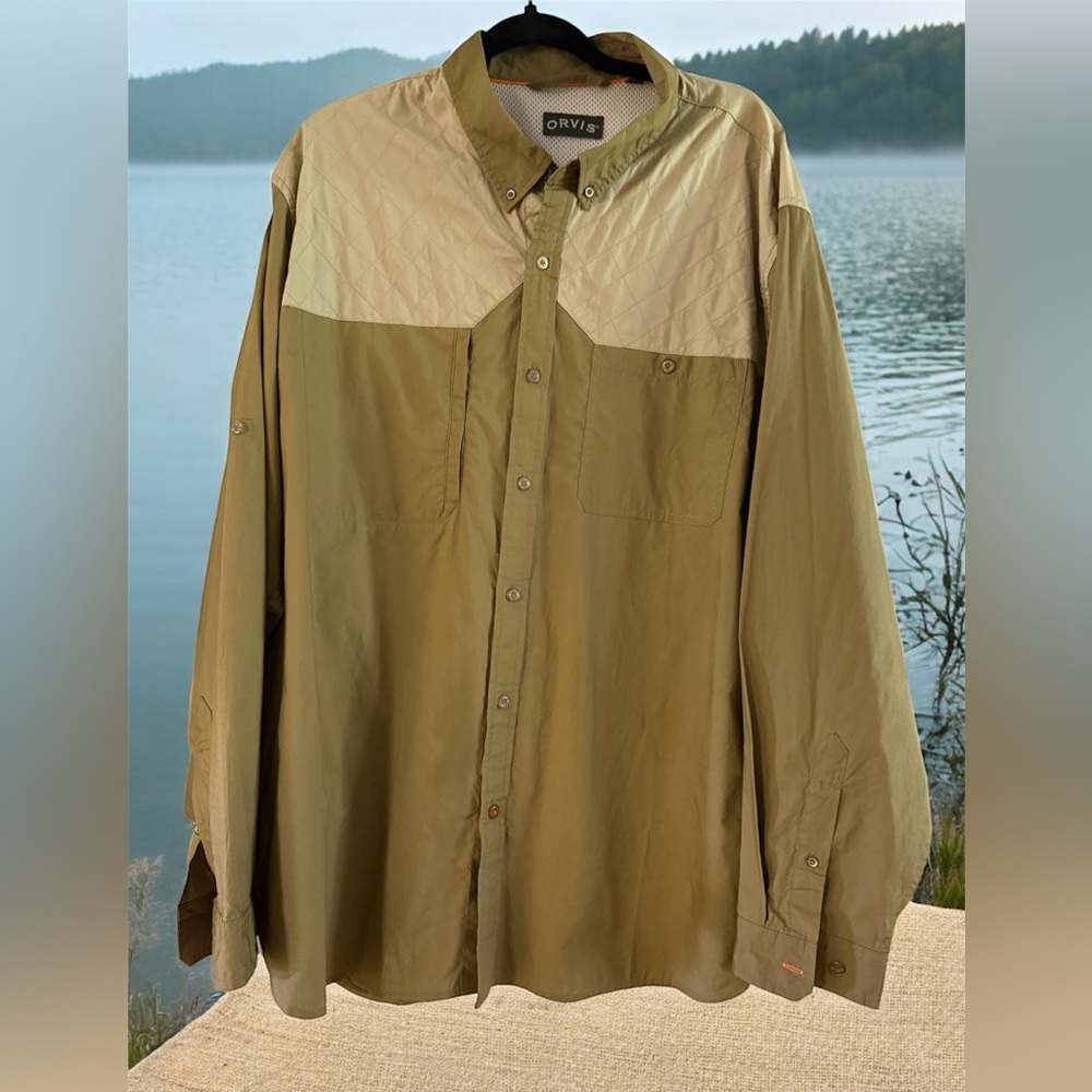 Orvis Olive and Khaki Mesh-Lined Long Sleeve Shirt XXL